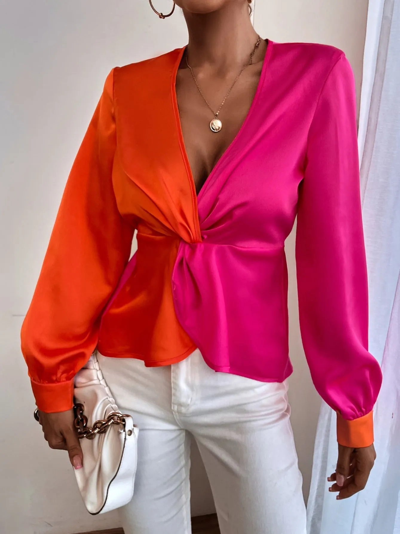 Women's Blouses Colorblock V-Neck Long Sleeve Blouse