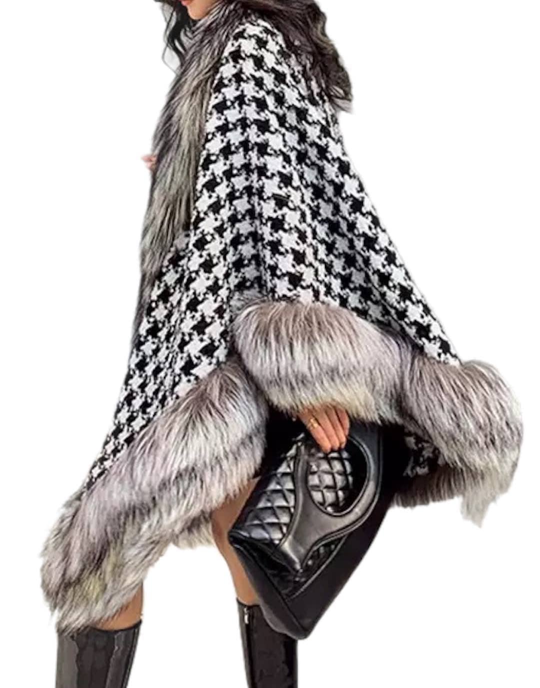 Wool Fox Fur Trimmed Houndstooth Poncho