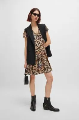 Wrap-front dress in leopard-print fabric