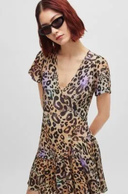 Wrap-front dress in leopard-print fabric