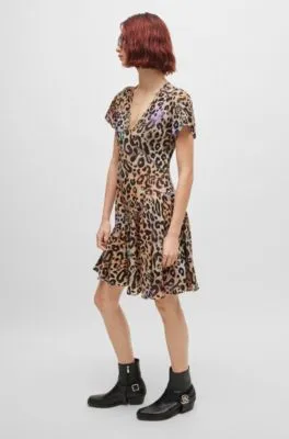 Wrap-front dress in leopard-print fabric